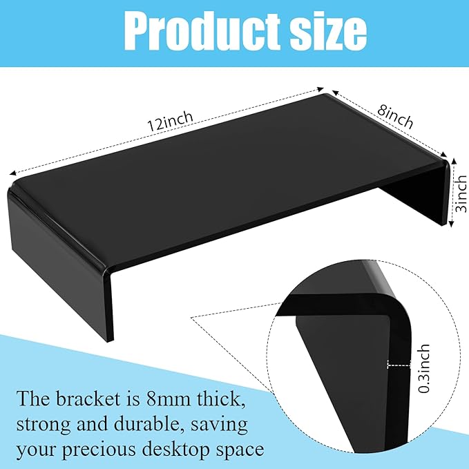 Jetec 2 Pcs Acrylic Monitor Stand Desktop Video Acrylic Monitor Riser Desk Shelf Computer Stand for Laptop TV Computer Screen Desk Organizer Teacher's Day Supplies (Black, 12 x 8 x 3 Inch)