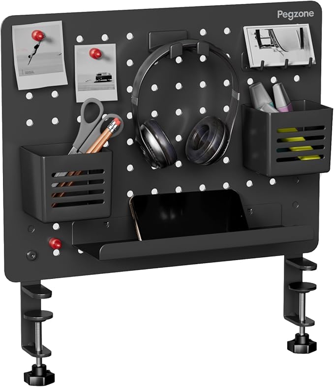 Clamp-on Desk Pegboard, Desk Organizer for Office Gaming Home, Magnetic Metal Peg Board with 10 Accessories, Privacy Panel for Office, 16.5" x 12.6", Medium, Black