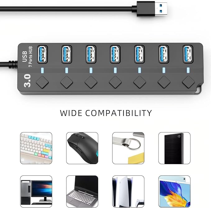 USB Hub for Laptop, SNLLMZI 7-Port USB 3.0 Hub Splitter with Individual On/Off Switches and Lights, 4ft/1.2m Long Cable Compatible for Laptop,PC Computer,Surface Pro,PS4/5,Flash Drive,Mobile HDD,etc.