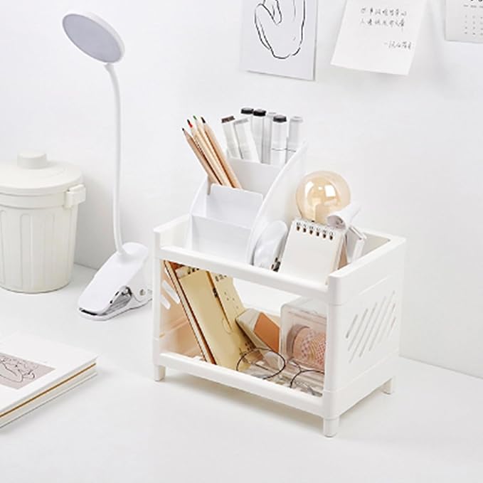 Pissente Desktop Storage Shelf, Plastic Double Layer Desktop Storage Rack Multifunctional Practical Desktop Organizer for Home Office Desk Living Room Bedroom Desk Storage, White