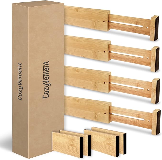 Adjustable Bamboo Drawer Dividers for Clothes, Kitchen Utensils, Office Desks, Bathroom Accessories, Socks and Underwear, and Personal Items, 4 Dividers with 4 Partitions