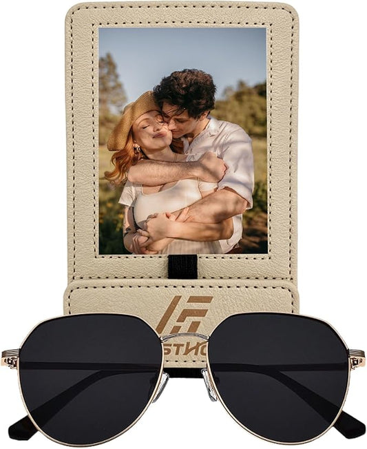 Magnetic 2-in-1 Sunglass & Photo Holder for Car Visor, Leather Anti-Slip No-Fall No-Slide, Fits SUV Truck RV