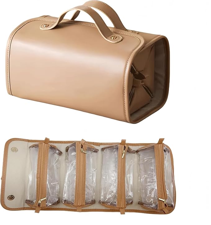 Large Expandable Makeup Bag, 4-in-1 Waterproof Makeup bag, Cosmetic Bag with Detachable Interior Pockets, Ideal for Women Travel Essentials(Brown)