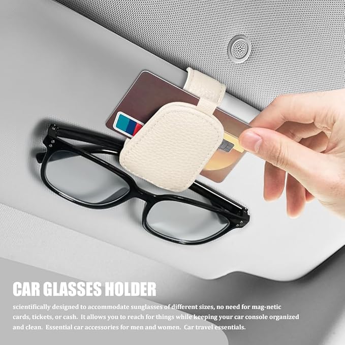 Sunglasses Holders for Car Visor, Sunglass Car Organizer, Leather Magnetic Buckle Sun Visor Sunglass Clip, Car Accessories Ticket Card Clip Sunglasses Mount Fit Truck (Beige, 2PCS)