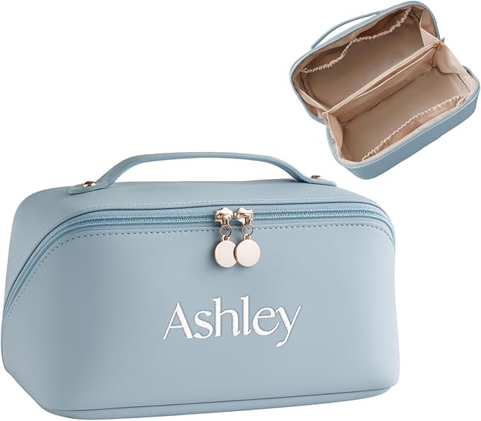 Personalized Travel Makeup Bag, Large Capacity Cosmetic Bags for Women, PU Leather Water-Resistant Portable Pouch Open Flat Toiletry Bag Make up Bag with Divider and Handle (Blue)