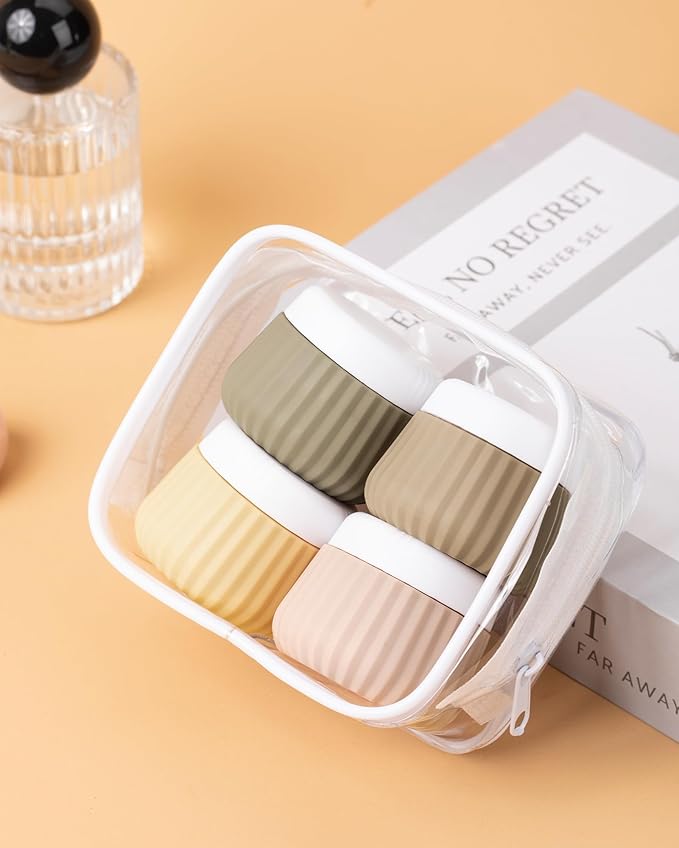 Mrsdry Travel Containers for Toiletries 4 Pack, TSA Approved Travel Size Toiletries, Travel Size Containers, With Clear Bag Leak Proof Silicone Jars, Travel Essentials Creams Jars Carrying Small Items