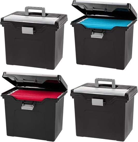 IRIS USA File Box with Lid File Organizer for Letter File w/Organizer-Lid, Water Resistant Document Box, Plastic Mobile Filing Organizer, Secure Buckle, Portable Handle, Lockable, Black 4 Pack
