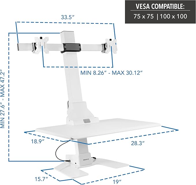 Mount-It! Electric Standing Desk Converter, Motorized Sit Stand Desk Riser with Dual Monitor Mounts, Adjustable Height Ergonomic Workstation with 28??Wide Platform and Tablet/Phone Slot, White