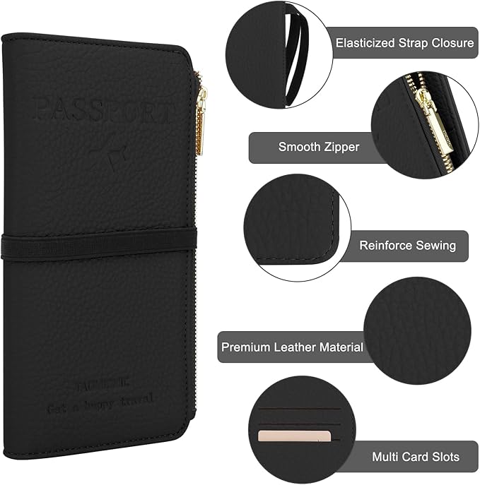 DOB SECHS Leather Passport Holder, RFID Blocking Passport Wallet Credit Cards Case for Women, Travel Accessories Organizer Pouch Bag with ID Window+Zippered Cash Pocket+SIM Slots, Yellow