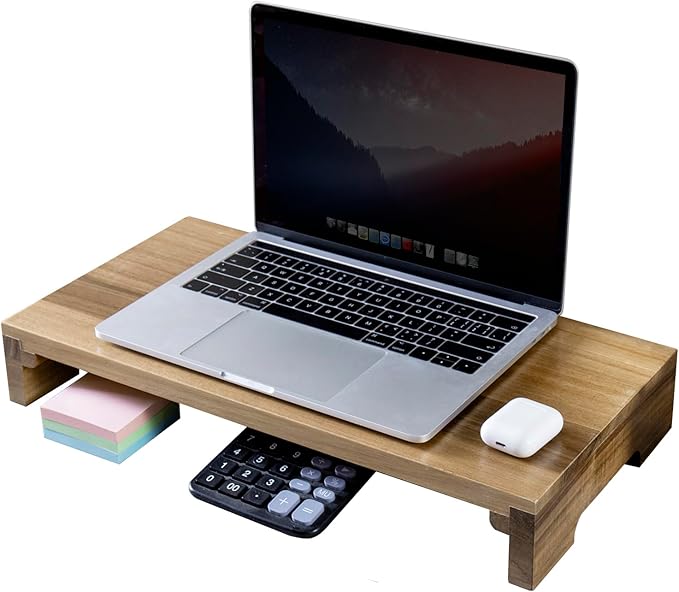 MyGift Premium Acacia Solid Wood Desk Monitor Stand, Laptop Riser & Keyboard Storage ??Wooden Desktop Organizer for Screen Display and Workspace Organization