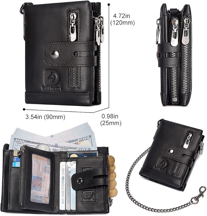 Mens Wallet with Chain Genuine Leather Purse RFID Blocking Bifold Double Zipper Coin Pocket with Anti-Theft Chain