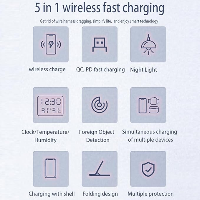 IHAO 5in1 Multi Functional Wireless Charging Station Digital Clock 15W Fast Charging Temperature Display Wireless Charger for All Qi Phone and TWS Headphone Compliant with Apple Watch-DH15 Black