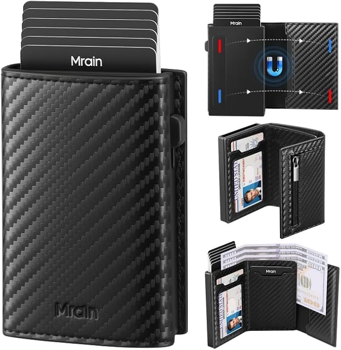 Mens Slim Minimalist Wallet Card Holder with Coin Pocket, Cash Slot, Magnetic Closure, Pop Up Aluminum Case, ID Window, Leather Wallet, RFID Blocking, 9-13 Card Capacity (Carbon Black)