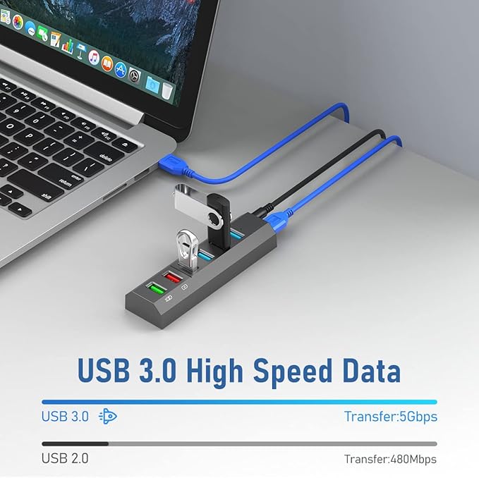 USB Hub, Aiibe 6 Ports Super High Speed USB 3.0 Hub Splitter + Power Adapter + USB 3.0 Cable, Powered USB Hub - Gray