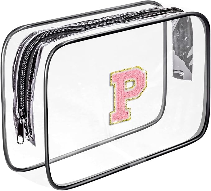 Clear Toiletry Bag,Portable Travel Toiletry Bag,Chenille Letter Cosmetic Bag with Zipper,Waterproof Makeup Bag,Cosmetic Storage Organizer for Women Men,Travel Essentials (Black,P)