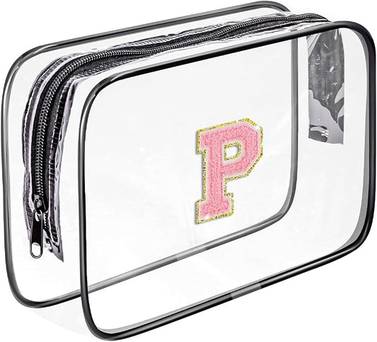Clear Toiletry Bag,Portable Travel Toiletry Bag,Chenille Letter Cosmetic Bag with Zipper,Waterproof Makeup Bag,Cosmetic Storage Organizer for Women Men,Travel Essentials (Black,P)