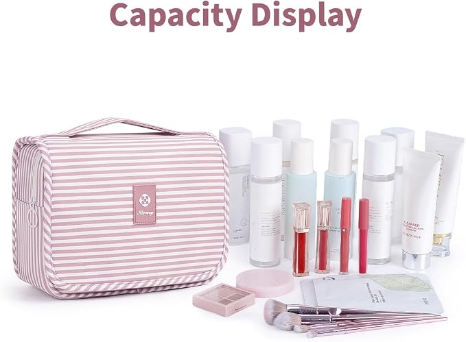 Narwey Small Hanging Toiletry Bag for Travel Women Girl, Striped Toiletries Travel Bag with Hook, Hanging Makeup Bag Organizer Make Up Cosmetic Bags, Gifts for Kids Teen (Dusty Pink Stripe)