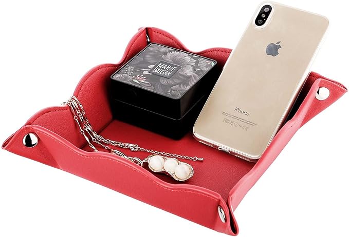 Valet Tray for Men Women - PU Leather Travel Catchall Tray Organizer - Desk Bedside Nightstand Storage Box for Jewelry Key Phone Remote Controller Wallet Watch Glasses Coin Readers -Red