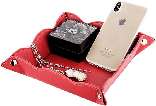Valet Tray for Men Women - PU Leather Travel Catchall Tray Organizer - Desk Bedside Nightstand Storage Box for Jewelry Key Phone Remote Controller Wallet Watch Glasses Coin Readers -Red