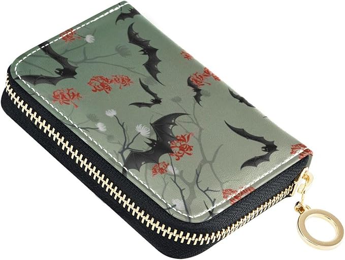 Halloween Bat RFID Credit Card Holder Wallets Accordion for Women Leather Zipper Card Case Accordion Wallet for Ladies Girls
