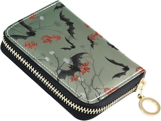 Halloween Bat RFID Credit Card Holder Wallets Accordion for Women Leather Zipper Card Case Accordion Wallet for Ladies Girls