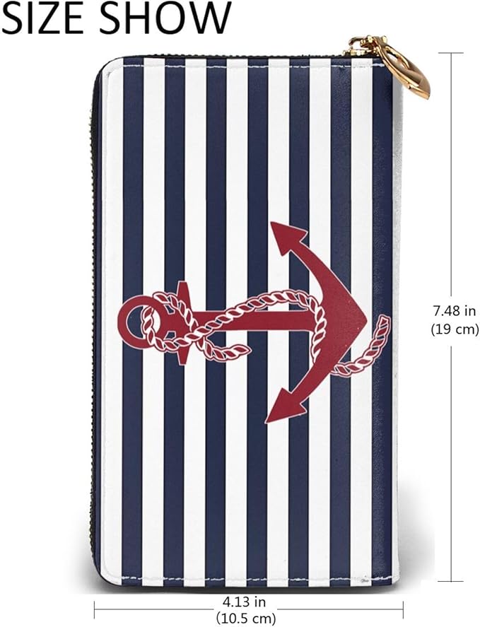 Nautical Anchor Print Leather Wallet Phone Credit Card Money Holder with Many Rooms Zipper Purse for Women Men
