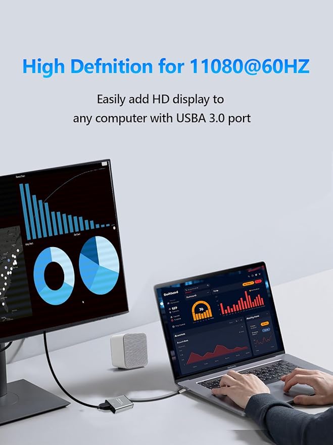 USB to HDMI Adapter for Monitor 1080P@60Hz Display with 5Gbps High Speed Transmission, Support Extend & Mirror Mode, Compatible with Window 7/10/11, Mac OS 10.15+, Laptop, Desktop, TV, Monitor, Silver