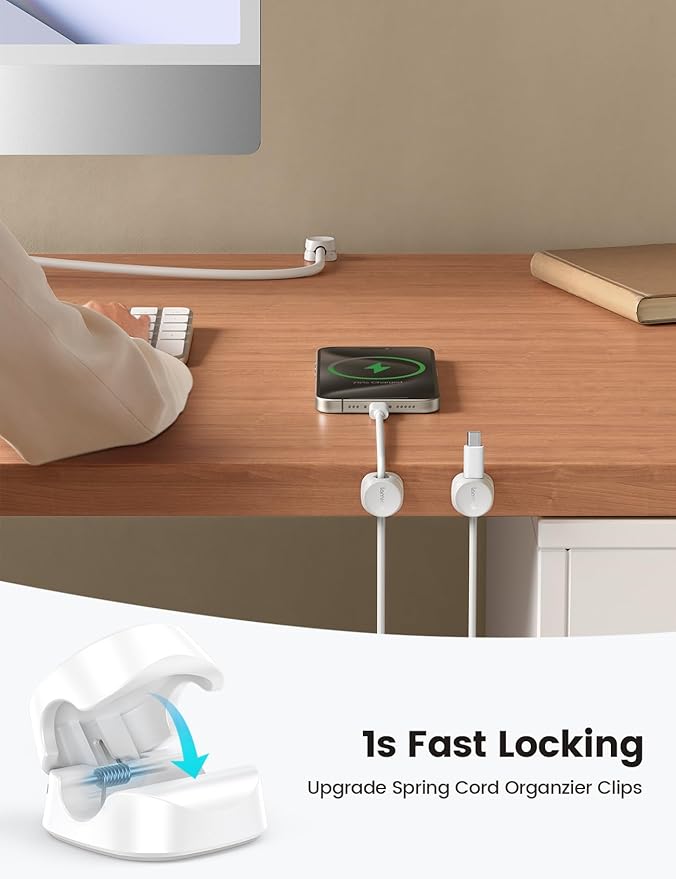 8Pack Cord Organizer [1s Lock] Spring Cable Management Clips - Lamicall Desk Organizer Cord Holder, Adhesive Cable Clips, Phone Charger Wire Keeper for Nightstand Car Office Desk Accessories, White