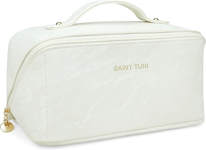 Cosmetic Bag,Travel Makeup Bag, Large Capacity Cosmetic Bags for Women, Waterproof Portable Open Flat Toiletry Bags,Makeup Organizer Bag with Divider and Handle, Cosmetic Pouch Gifts for Women (White)