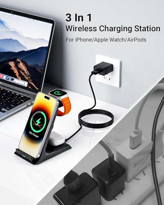 Wireless Charger for Thick Cases of 10MM/Otterbox/Heavy Duty, 3 in 1 Charging Dock for iPhone 17 16 15 14 Pro Max, Phone Stand Charging Station for Multiple Devices for Apple Watch/AirPods