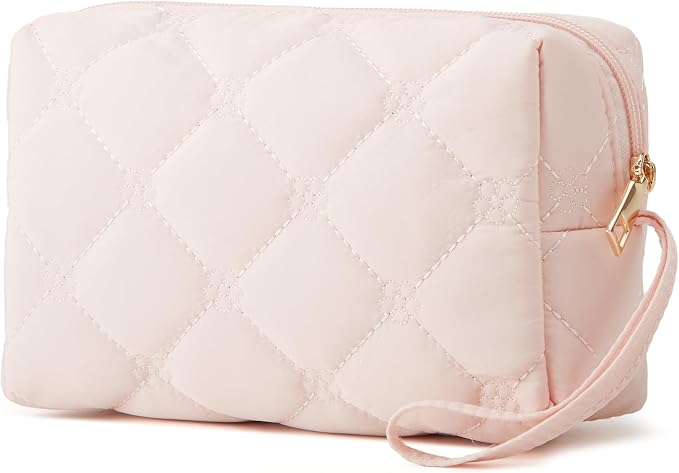 YTL Travel Makeup Bag, Puffer Cosmetic Bag for Women, Waterproof Puffy Padded Make Up Bags, Flat Open Portable Organizer Case Toiletry Bag Pouch Purse for Skincare, Brushes & Travel Essentials