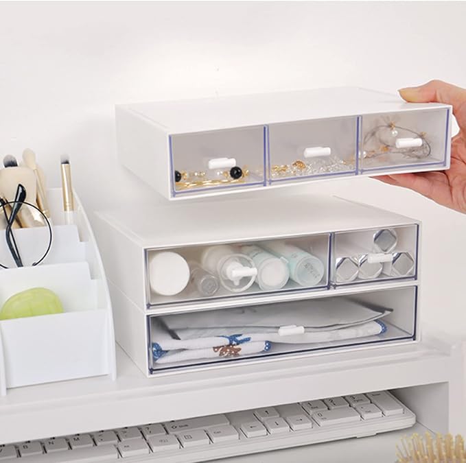 Desk Organizer-Stackable Storage Drawers, Plastic Compact Desk Storage Box Perfect for Collection Small Item/Cosmetic Office Organizer - 3 drawers (White)