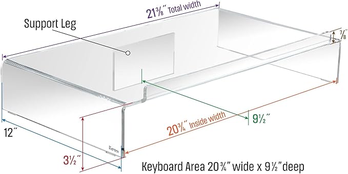 Kantek Acrylic Computer Monitor Stand with Keyboard Storage, Holds up to 50 Pounds, 21.25" x 11.9" x 3.4", Clear