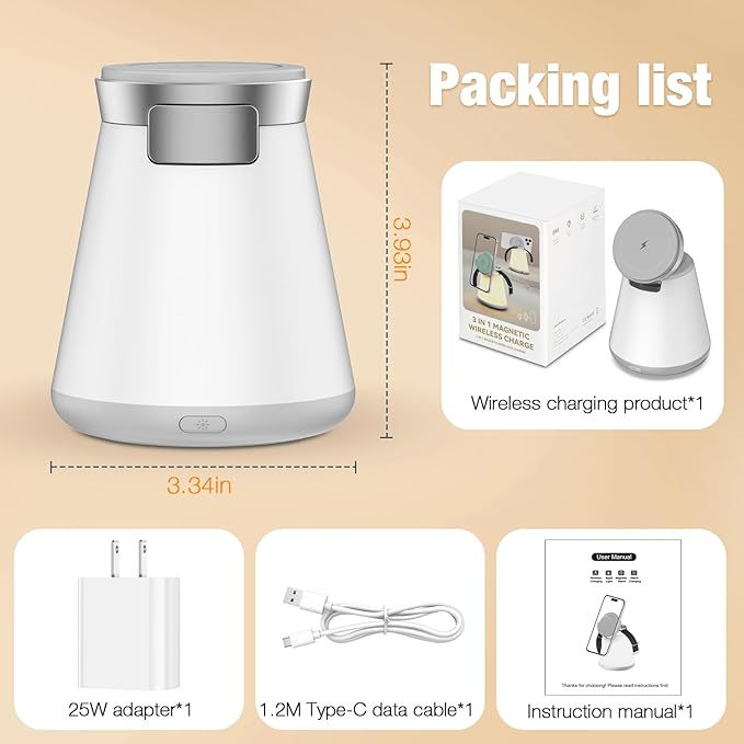 2 in 1 Wireless Charging Station with Night Lamp for Apple Samsung Magnetic Charger, 15W Foldable Portable Wireless Charging Stand for iPhone 17 16 15 14 13 12 Pro Max, Apple Watch