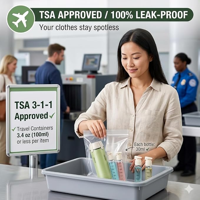 4 in 1 Travel Dispenser Bottle Set, TSA Approved Leak-Proof, 4×30ml | Twist-lock pump; 4×30ml refillable bottles; TSA carry-on compliant; for gym, travel & business trips; labels included