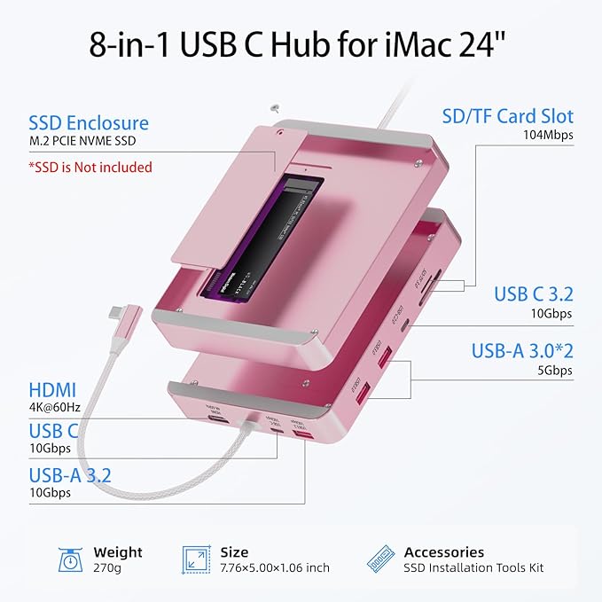 8-in-1 USB-C Hub for 24-inch iMac (2024/2023/2021), M.2 SSD Expansion, 10Gbps USB-A/C 3.2, 4K HDMI, SD/TF ??Docking Station for iMac M1, M3, M4 (SSD Not Included)