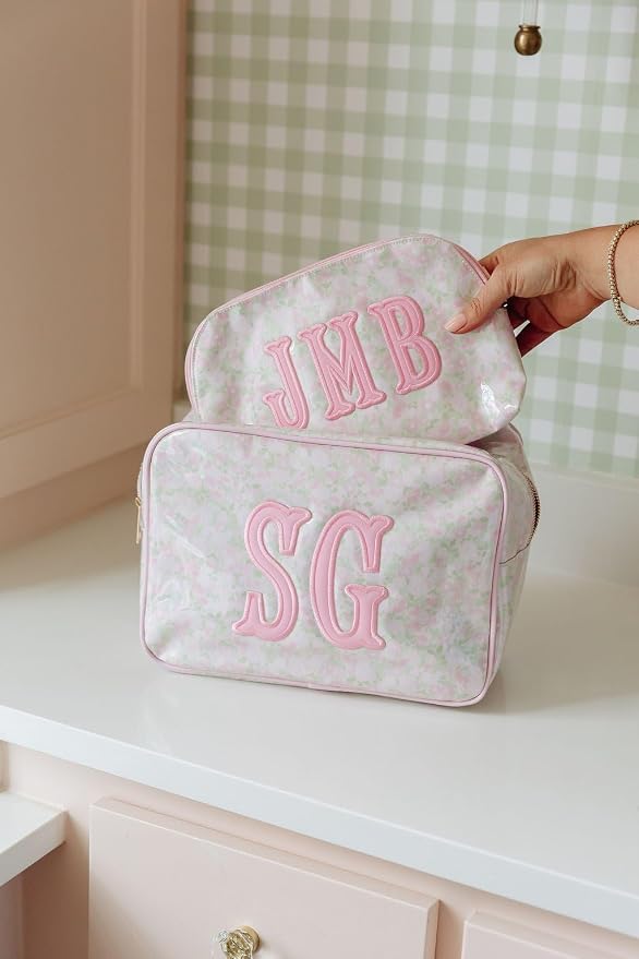 Personalized Clear Coated Pouch - Medium or Large Toiletry Bag with Embroidered or Applique Monogram, Custom Makeup or Travel Organizer, Easy-Clean Cosmetic Bag, Travel Gift for Women (Dahlia, Mini)