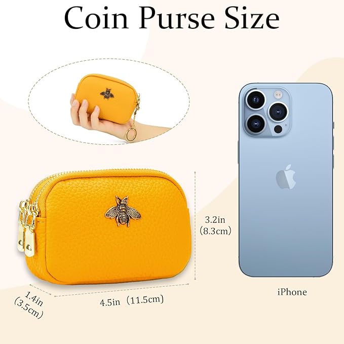 WOZEAH Leather Coin Purse for Women Small 2 Zipper Change Wallet with Key Ring Card Key Coin Cash Holder Pouch(Yellow)