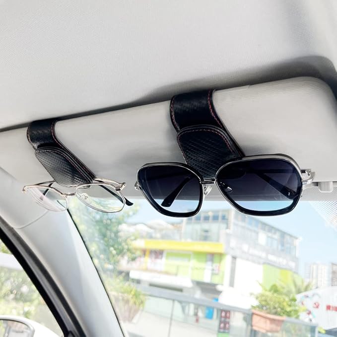 2Pcs Sunglass Holder for Car, Magnetic Leather Eyeglass Hanger Clip for Car Sun Visor, Sunglasses Holder and Ticket Card Clip for Car Visor Accessories (Carbon Fibre Black)