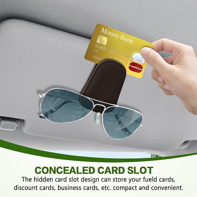 Sunglass Holder for Car, Sunglasses Clip for Car Visor, Magnetic Leather Vehicle Eyeglass Hanger Clip, Auto Ticket Card Glasses Organizer Clamp Accessories for SUV Sedan (Brown)