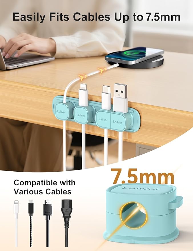 6 Pack Magnetic Cable Clips [1s Open/Lock], Laitver Cord Organizer Holder Strong Adhesive Desk Cable Management- Organize Charging Cords Neatly for Home, Office, Car,Desk, Nightstand-Blue