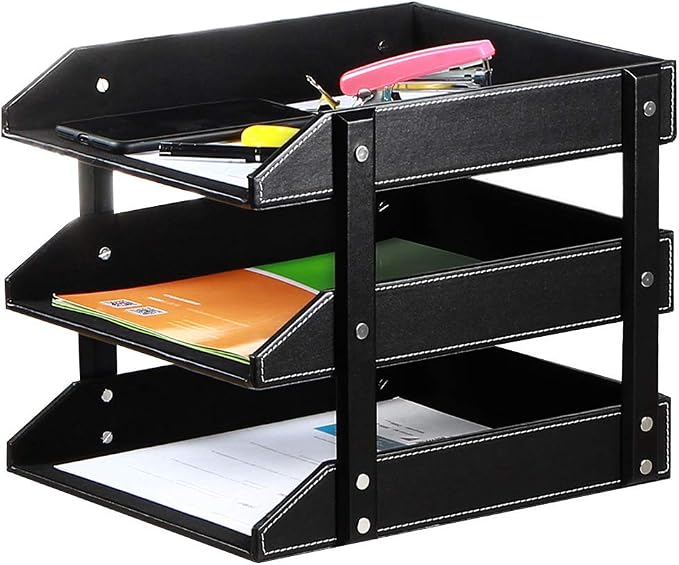 Leather File Trays for Desk Stackable,3-Tier Document Letter Tray,Office Desktop Organizers and Accessories for Folders Stationery Bills Magazine Newspaper (Black)