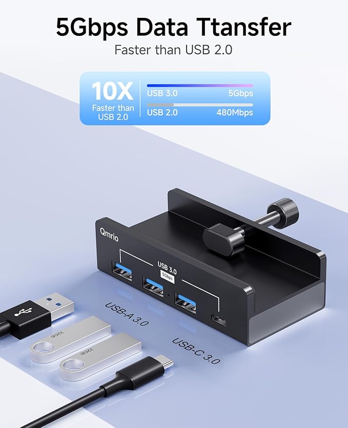 USB Hub 3.0, 5Gbps Clamp USB Hub for Desk/Monitors with Extra Power Supply Port, 3 USB-A Data Ports, USB-C Data Port for iMac Pro/iMac (Black)