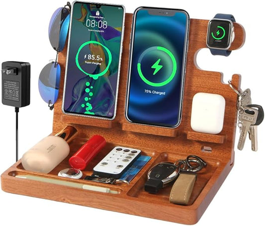 Nightstand Organizer with 4 Wireless Charger for 2 iPhone/Android Phone,Apple Watch,Airpod,Wood Phone Docking Station,27W Fast Wireless Charging Station,Wallet/Key Holder,Gifts for Dad/Men