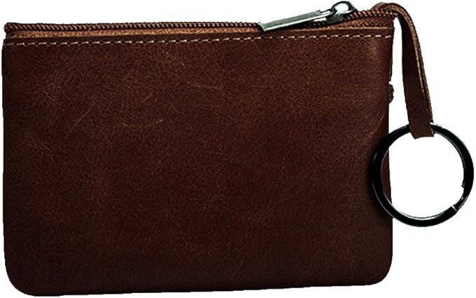 Hibate Deep-Brown Small Leather Coin Purse Change Pouch for Women Men Kids with Zip Key Ring