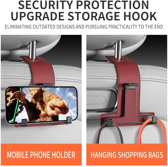 Car Hooks for Headrest, Multifunctional Luxurious Leather and Magnesium Alloy Car Seat Back Hook & Mobile Phone Holder, Double Headrest Hanger Storage Hook for Purses, Handbags (Red)