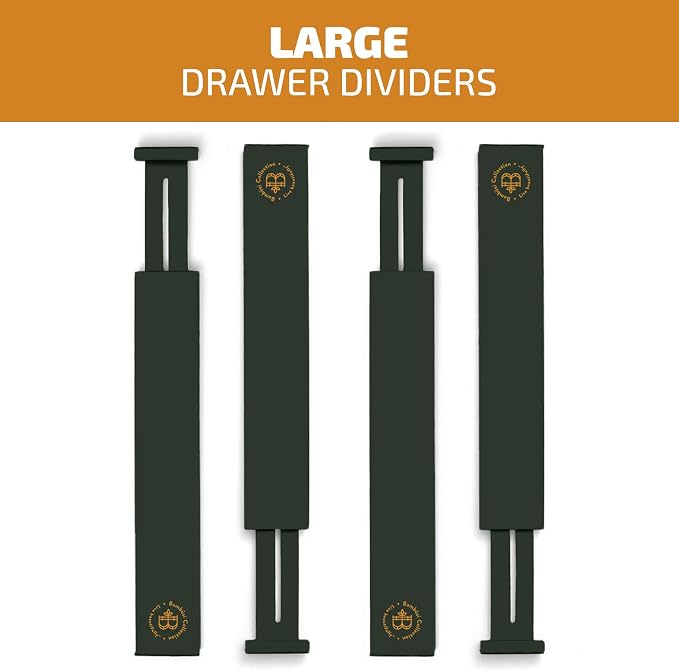 4-Pack Bamboo Drawer Dividers - 2.6 Inches High, Adjustable 16 to 22 Inches Expandable Drawer Organizers and Dresser Separators for Clothes, Utensils, Bedroom, Bathroom, Kitchen, Office, Black Wood