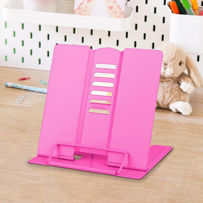 Honagu Small Book Stand Book Holder Metal Desk Book Stand for Reading Hands Free, Adjustable Cookbook Documents Holder, Portable Bookstand for Music Books, Textbook, Recipe, Tablet, Ipad (Rose Red)