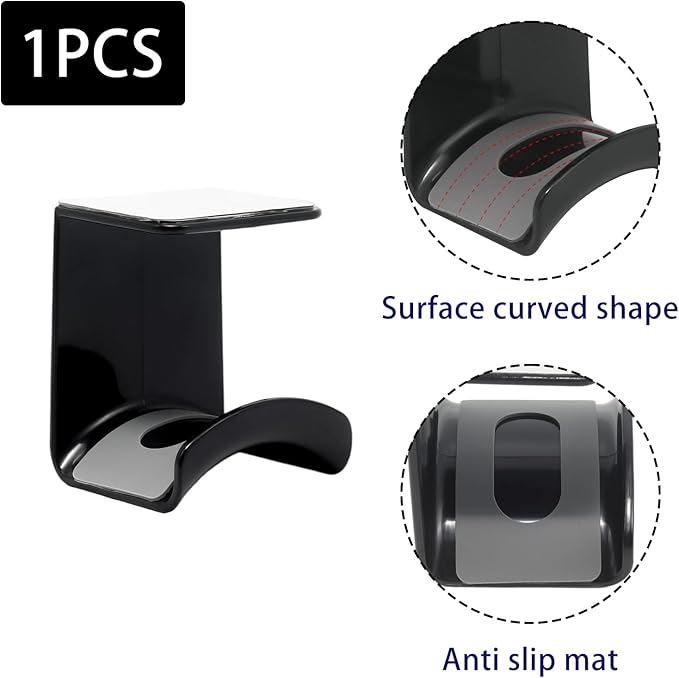 1Pcs Black ABS Plastic Headphone Stand Hanger, Hanging Headset Holder Hook Under Desk, Adhesive Earphones Hangers for Desk Headphone Hanger, Most Headphones and Controller
