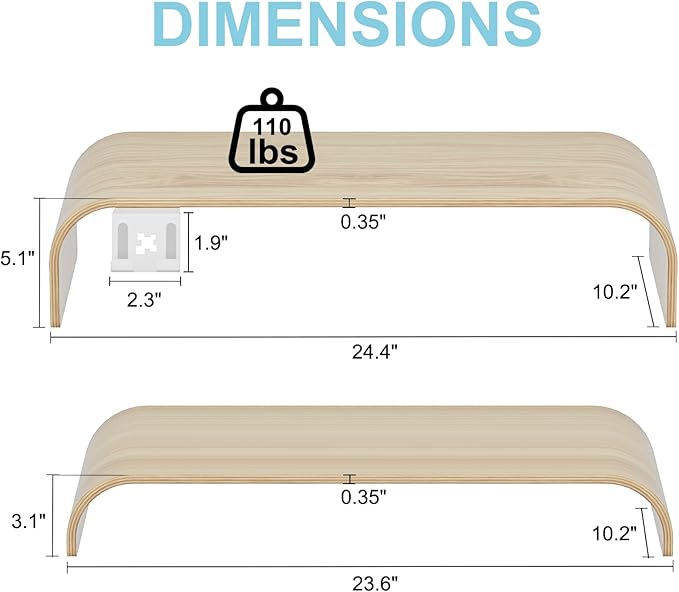 Bent Wood Monitor Stand Riser, Solid Wood Dual Monitor Riser with Storage, 2-Tier Natural Wood Desk Shelf Organizer for Computer, Laptop & Printer, No Assembly, Max Load 110lbs